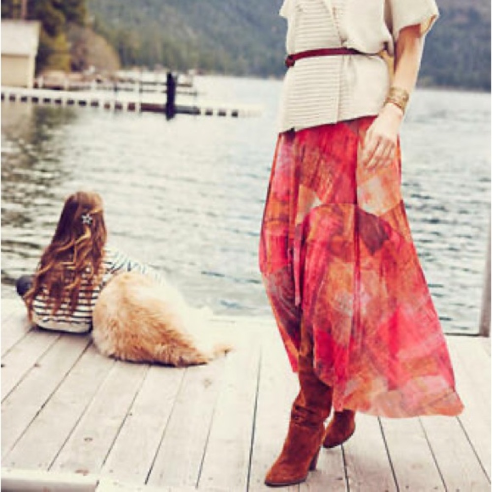 Anthropologie Weston Fallen Sun Maxi Skirt Red Pink Stretch Geo Printed Size XS